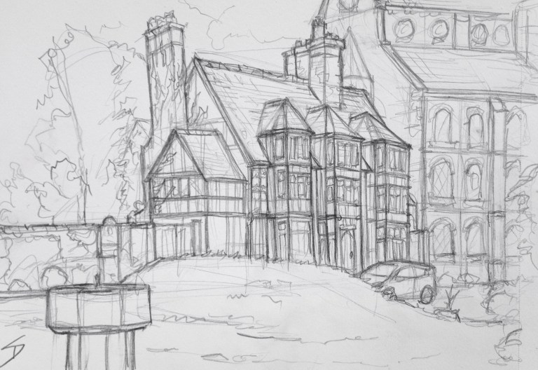 Urban Art 'Castle Gates, Shrewsbury, UK.' Great old building, near Shrewsbury Castle. sketchbookexplorer.com #art #drawing #sketch #pencil #illustration #travel #architecture