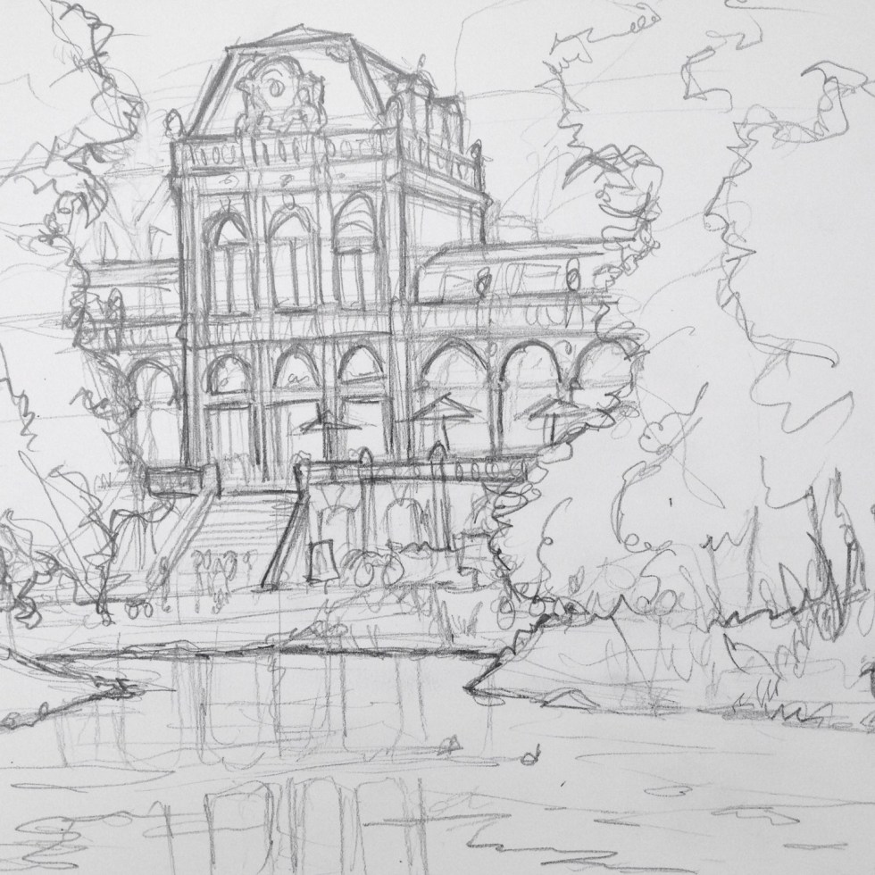Urban Art 'Vondelpark, Amsterdam.' A huge park - bikes, joggers and fearless herons. sketchbookexplorer.com #art #drawing #sketch #pencil #illustration #travel #architecture