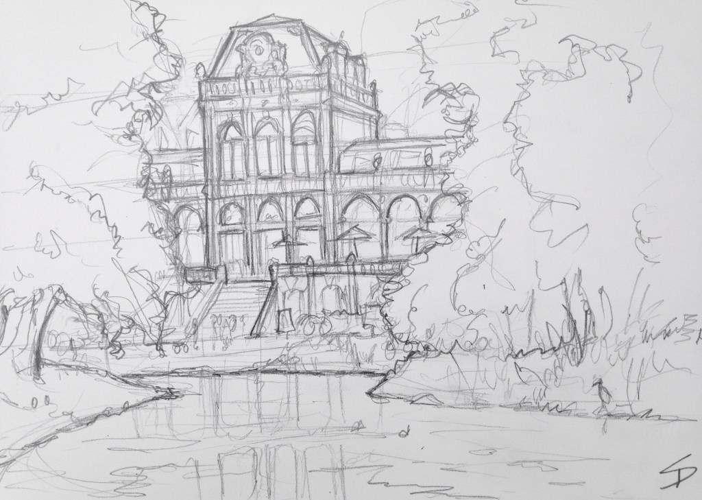 Urban Art 'Vondelpark, Amsterdam.' A huge park - bikes, joggers and fearless herons. sketchbookexplorer.com #art #drawing #sketch #pencil #illustration #travel #architecture