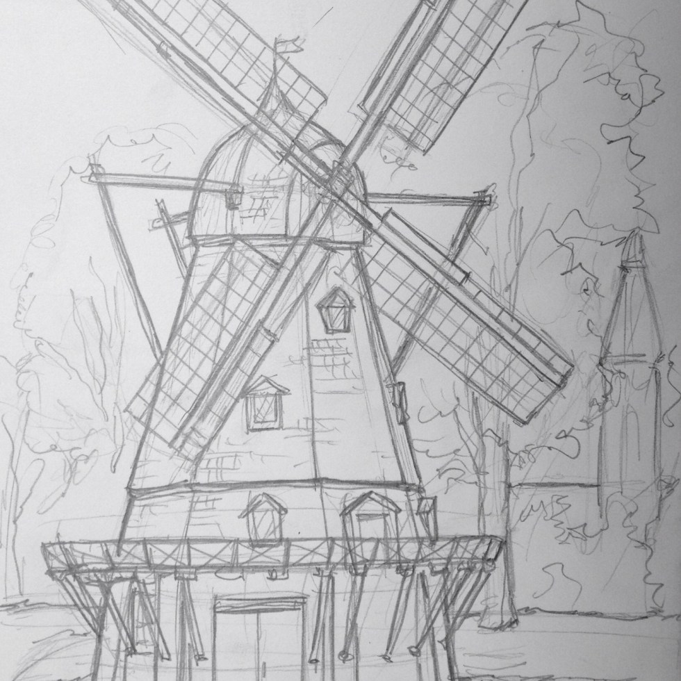 Urban Art 'Kastellet, Copenhagen, Denmark.' It sits in the park grounds of an army fort, near the Little Mermaid statue. While drawing this, I got told not to sit on the grass by an armed soldier. sketchbookexplorer.com #art #drawing #sketch #pencil #illustration #travel #architecture