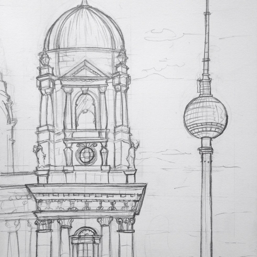 Urban Art 'Lustgarten, Berlin, Germany.' I drew this early in the morning, and the marathon was on, so the streets were empty. sketchbookexplorer.com #art #drawing #sketch #pencil #illustration #travel #architecture