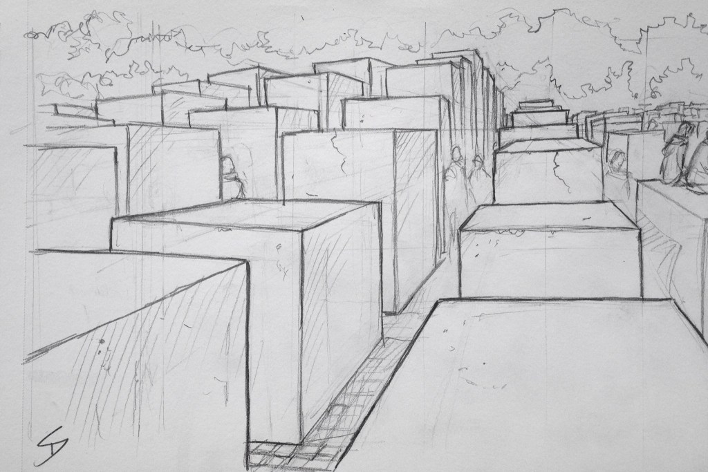 Urban Art 'Memorial to the Murdered Jews of Europe, Berlin.' There's a museum beneath it - has very moving exhibits. sketchbookexplorer.com #art #drawing #sketch #pencil #illustration #travel #architecture