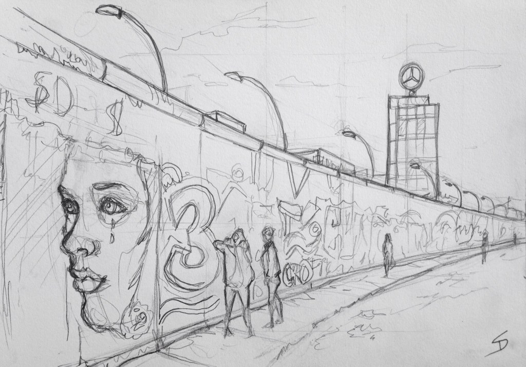 Urban Art 'East Side Gallery, Berlin, Germany.' A section of the Berlin Wall, with artwork on both sides. sketchbookexplorer.com #art #drawing #sketch #pencil #illustration #travel #architecture