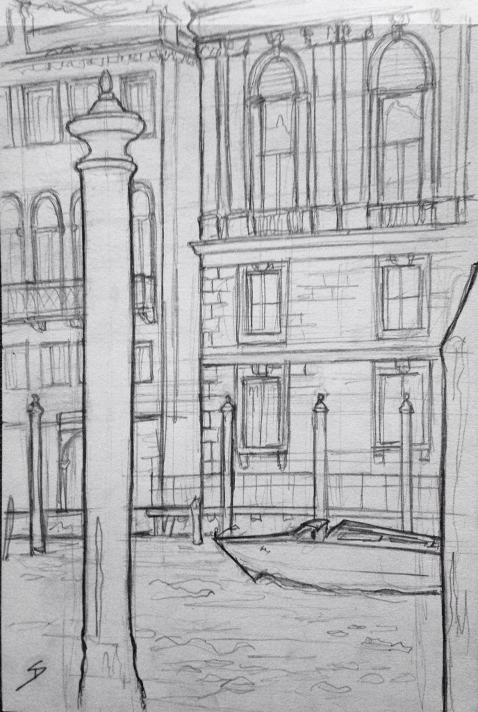 Urban Art 'Fondamenta Rezzonico, Venice, Italy.' It was chucking it down. So I took shelter in a museum cafe to draw this. sketchbookexplorer.com #art #drawing #sketch #pencil #illustration #travel #architecture