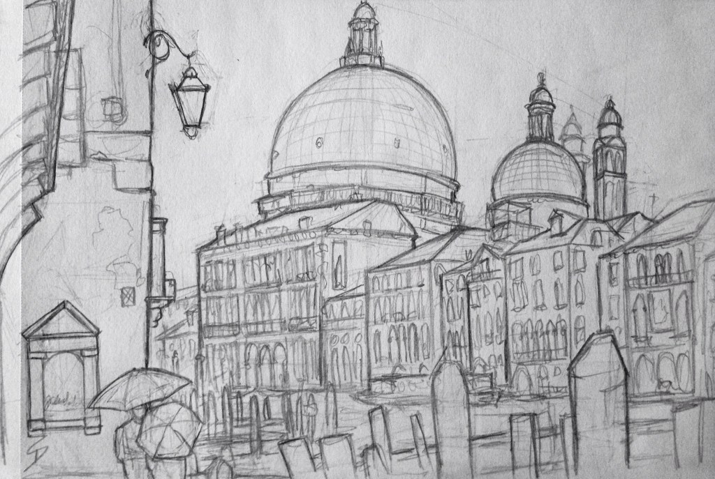 Urban Art 'Calle del Dose da Ponte, Venice, Italy.' It was still raining. So to draw this picture, I stood under a tiny archway. sketchbookexplorer.com #art #drawing #sketch #pencil #illustration #travel #architecture