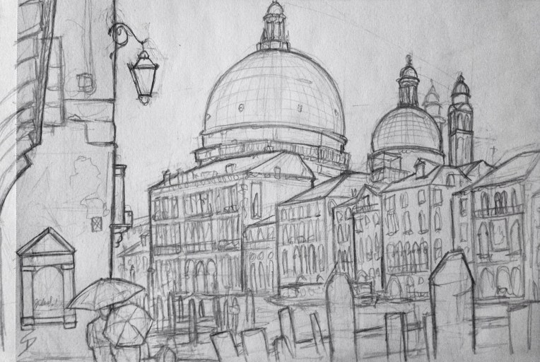 Urban Art 'Calle del Dose da Ponte, Venice, Italy.' It was still raining. So to draw this picture, I stood under a tiny archway. sketchbookexplorer.com #art #drawing #sketch #pencil #illustration #travel #architecture