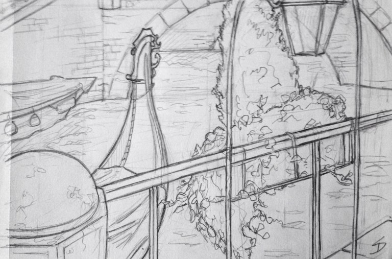 Urban Art 'Ponte Tre Ponti, Venice, Italy.' Drawn from a cafe, after a long search for a view with decent shelter from the rain. sketchbookexplorer.com #art #drawing #sketch #pencil #illustration #travel #architecture