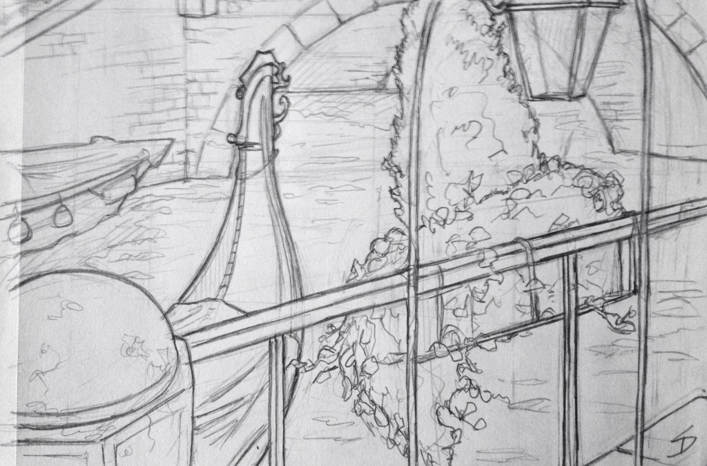 Urban Art 'Ponte Tre Ponti, Venice, Italy.' Drawn from a cafe, after a long search for a view with decent shelter from the rain. sketchbookexplorer.com #art #drawing #sketch #pencil #illustration #travel #architecture