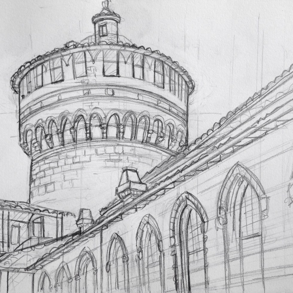 Urban Art 'Castello Sforzesco, Milan, Italy.' The banks of the castle's old moat are popular with local sun-worshipers. sketchbookexplorer.com #art #drawing #sketch #pencil #illustration #travel #architecture