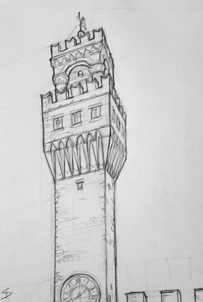 Urban Art 'Uffizi Gallery, Florence, Italy.' View from the Uffizi Gallery cafe. Massive queues to get in the gallery. sketchbookexplorer.com #art #drawing #sketch #pencil #illustration #travel #architecture