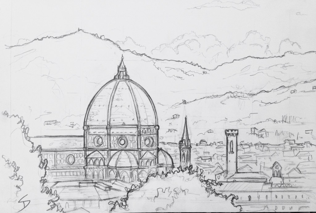 Urban Art 'Il Giardino Bardini, Florence, Italy.' Drawn in a garden overlooking Florence. sketchbookexplorer.com #art #drawing #sketch #pencil #illustration #travel #architecture