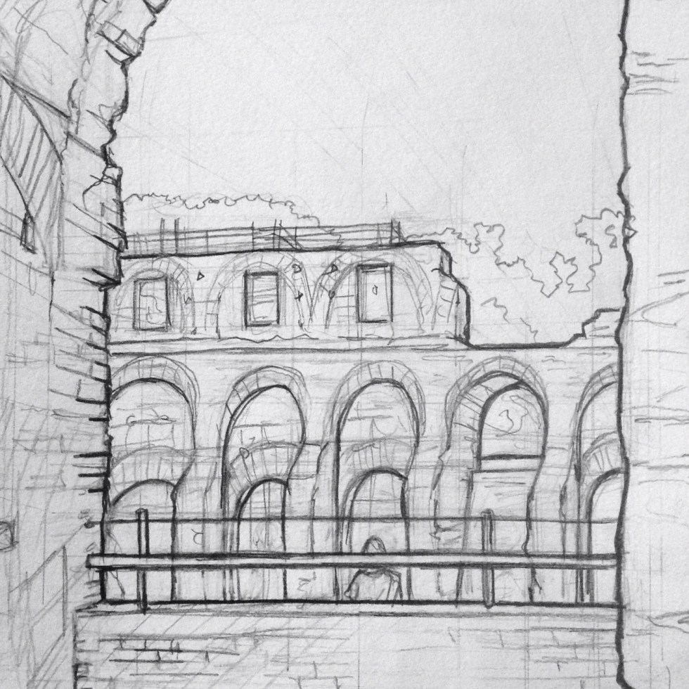 Urban Art 'The Colosseum, Rome, Italy.' View of the Amphitheatre from inside. sketchbookexplorer.com #art #drawing #sketch #pencil #illustration #travel #architecture