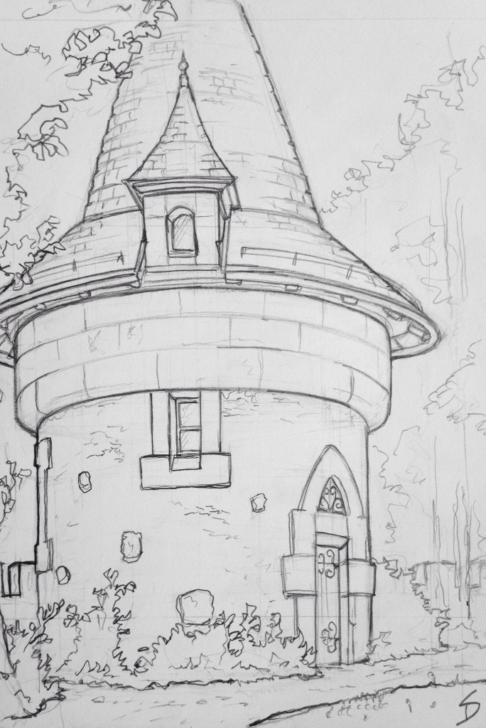 Urban Art - Bern, Switzerland. 'Bern Historical Museum.' A small Harry Potter looking building in the museum's grounds. sketchbookexplorer.com #art #drawing #sketch #pencil #illustration #travel #architecture #switzerland