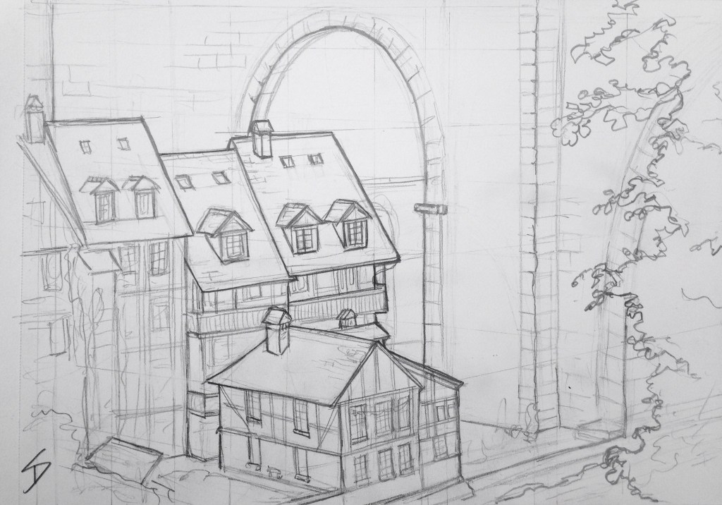 Urban Art 'Bear Park cafe, Bern, Switzerland.' View from the cafe of houses dwarfed by a bridge. The bear park is free. sketchbookexplorer.com #art #drawing #sketch #pencil #illustration #travel #architecture