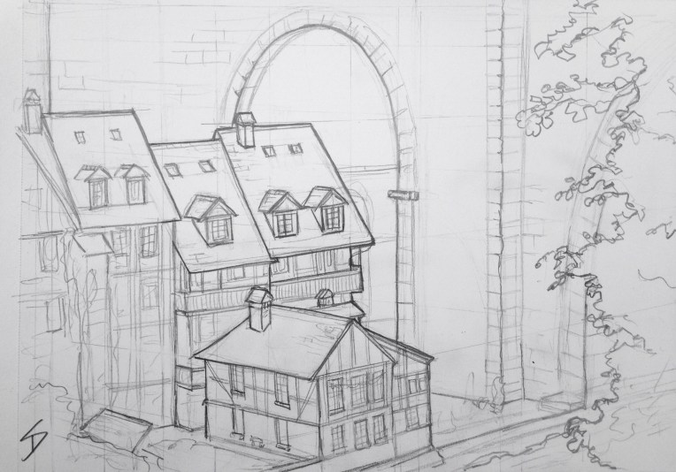 Urban Art 'Bear Park cafe, Bern, Switzerland.' View from the cafe of houses dwarfed by a bridge. The bear park is free. sketchbookexplorer.com #art #drawing #sketch #pencil #illustration #travel #architecture