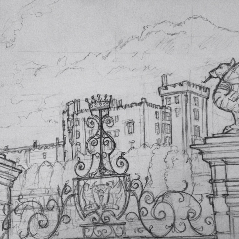 Urban Art - Welshpool, UK. 'Powys Castle.' View through the gates, at the bottom of the castle's beautiful gardens. sketchbookexplorer.com #art #drawing #sketch #pencil #illustration #travel #architecture #welshpool