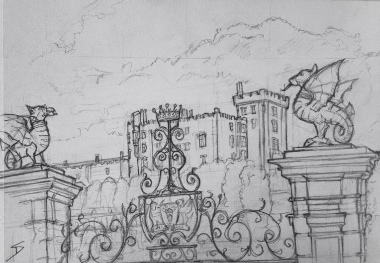 Urban Art - Welshpool, UK. 'Powys Castle.' View through the gates, at the bottom of the castle's beautiful gardens. sketchbookexplorer.com #art #drawing #sketch #pencil #illustration #travel #architecture #welshpool