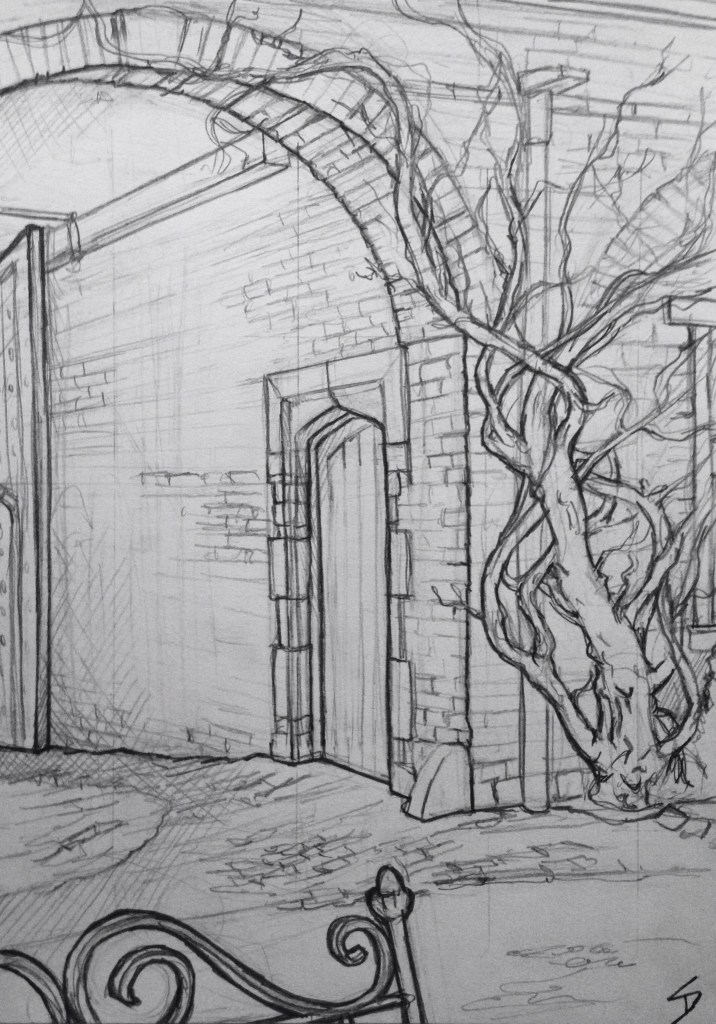 Urban Art - Welshpool, UK. 'Powys Castle, 3.' The courtyard archway. sketchbookexplorer.com #art #drawing #sketch #pencil #illustration #travel #architecture #welshpool