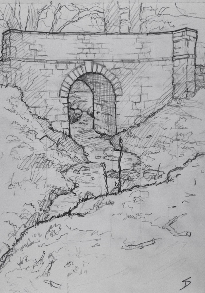 Urban Art - Welshpool, UK. 'Valley Bridge.' An old dirt track bridge over a tiny stream. sketchbookexplorer.com #art #drawing #sketch #pencil #illustration #travel #architecture #welshpool