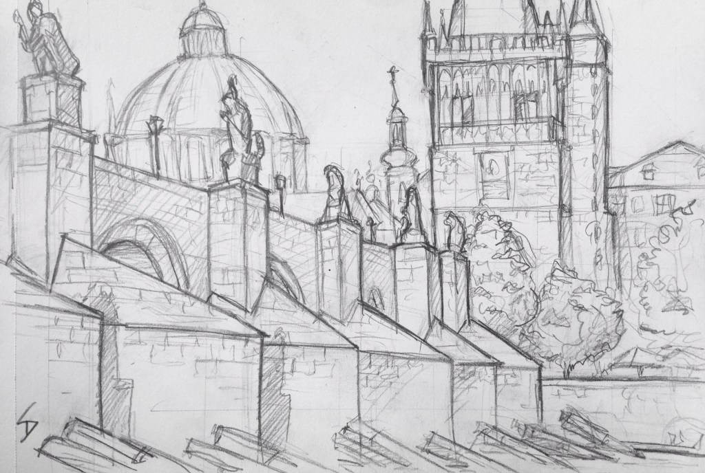 Sketch - View of Charles Bridge: My first sketch in Prague