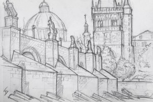 Urban Art - Prague, Czech Republic. 'Charles Bridge.' My first sketch in Prague. I sheltered from the sun in a great spot beside the bridge. Bookended by two fairytale towers, and lined with statues, this 15th century bridge is often crammed with tourists, artists, and musicians. sketchbookexplorer.com #art #drawing #sketch #pencil #illustration #travel #architecture #prague