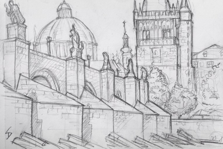 Urban Art - Prague, Czech Republic. 'Charles Bridge.' My first sketch in Prague. I sheltered from the sun in a great spot beside the bridge. Bookended by two fairytale towers, and lined with statues, this 15th century bridge is often crammed with tourists, artists, and musicians. sketchbookexplorer.com #art #drawing #sketch #pencil #illustration #travel #architecture #prague