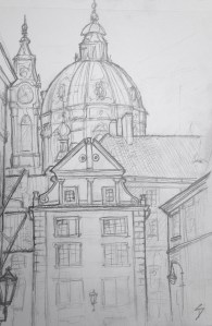 Urban Art - Prague, Czech Republic. 'Snemovni.' Near a lovely tiny park. The area is called Mala Strana - meaning "Little Side" (of the river). It’s often also called "Lesser Town." sketchbookexplorer.com #art #drawing #sketch #pencil #illustration #travel #architecture #prague
