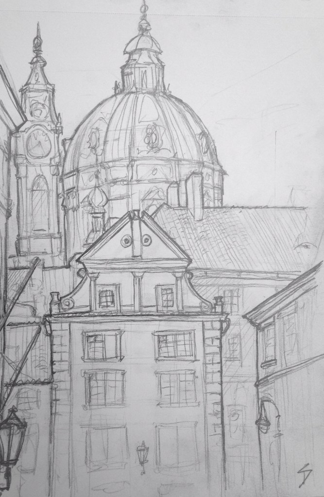Urban Art - Prague, Czech Republic. 'Snemovni.' Near a lovely tiny park. The area is called Mala Strana - meaning "Little Side" (of the river). It’s often also called "Lesser Town." sketchbookexplorer.com #art #drawing #sketch #pencil #illustration #travel #architecture #prague