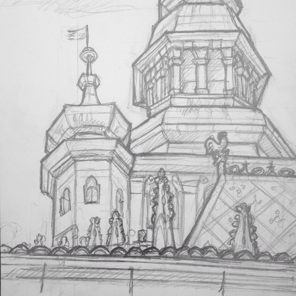 Urban Art - Prague, Czech Republic. 'Saint Vitus Cathedral, Prague Castle.' The 9th century castle is the official residence of the Czech President, and home of the Bohemian Crown Jewels. The cathedral holds a stunning stained glass window by Czech artist Alfons Maria Mucha. As I was sketching, a selfie stick suddenly appeared over my shoulder, and went in for a closer look. sketchbookexplorer.com #art #drawing #sketch #pencil #illustration #travel #architecture #prague