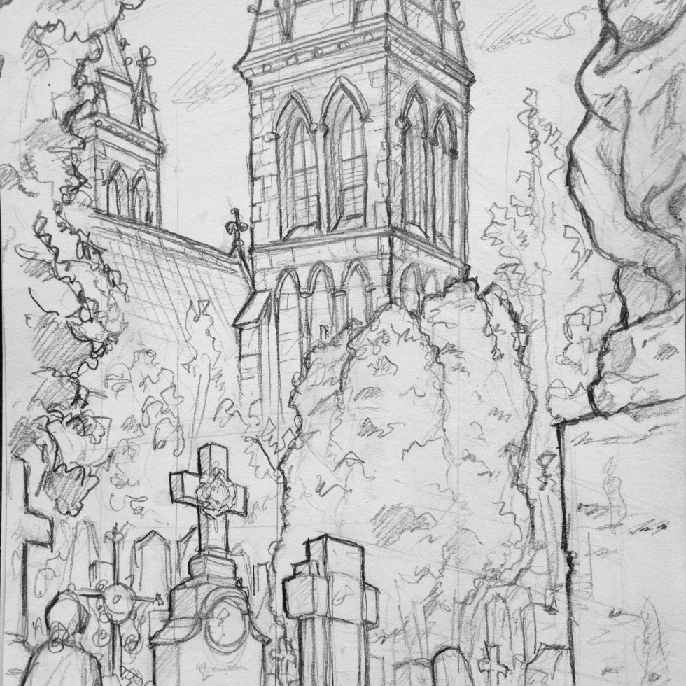Urban Art - Prague, Czech Republic. 'Vysehrad cemetery.' Loads of interesting sculptures and styles, from Soviet busts to metal spiderwebs. sketchbookexplorer.com #art #drawing #sketch #pencil #illustration #travel #architecture #prague