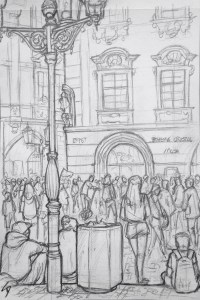 Urban Art - Prague, Czech Republic. 'Old Town Square.' Packed with tourists waiting for the astronomical clock to chime. The square is home to medieval-style markets on both Christmas and Easter. sketchbookexplorer.com #art #drawing #sketch #pencil #illustration #travel #architecture #prague