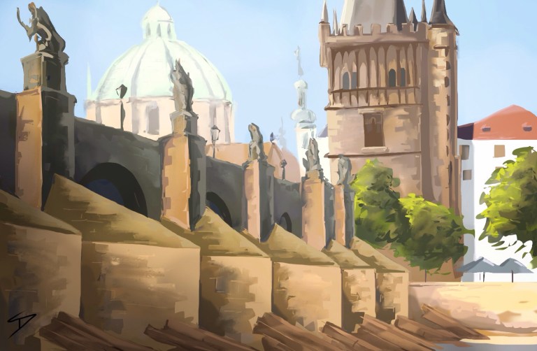 Urban iPad Art - Prague, Czech Republic. 'Charles Bridge.' Painting of my pencil sketch, using an ipad 2, Procreate, and a basic Wacom stylus. sketchbookexplorer.com #art #drawing #sketch #ipad #illustration #travel #architecture #prague