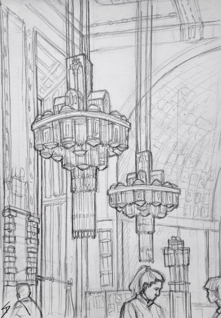 Urban Art - Prague, Czech Republic. 'Obecni Dum Cafe.' A stunning Art Nouveau cafe. It can be found inside the beautiful Municipal House concert hall. Artists involved in the interior decoration included Mucha. Thank you to Maria for pointing it out. And thank you to Veronica, the waitress in the drawing, for not minding me sketching you. sketchbookexplorer.com #art #drawing #sketch #pencil #illustration #travel #architecture #prague