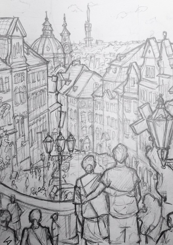 Quick Sketch. 'Radnicke Schody.' Drew this while sat on some steps in the shade, with a Jazz band playing nearby. Great view of the city. @davidasutton @sketchbookexplorer Facebook.com/davidanthonysutton #drawing #sketch #prague #travel #travelblog #radnickeschody