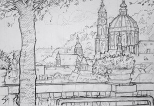 Quick Sketch 2. 'Zahrady Pod Pražským Hradem, Prague.' View from the terrace wall gardens below Prague Castle. The St Nicholas Church stands proud over the beautiful Mala Strana district. @davidasutton @sketchbookexplorer Facebook.com/davidanthonysutton #drawing #sketch #prague #travel #travelblog #zahradypodprazskymhradem
