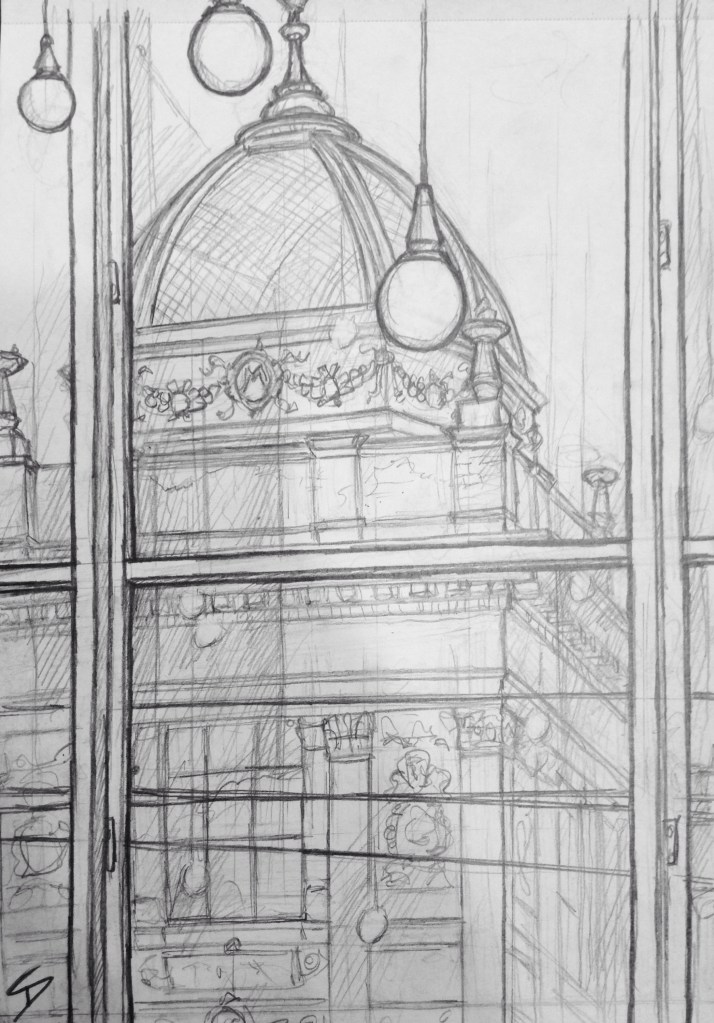 Sketch - View of Wenceslas Square: View from inside Cafedu as the sun dips. Great student cafe near the National Museum - the building in the drawing