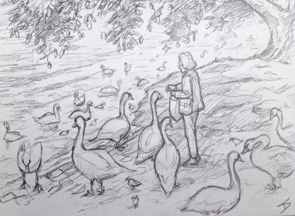 Sketch - View of Vltava: Feeding the birds on the bank of the Vltava