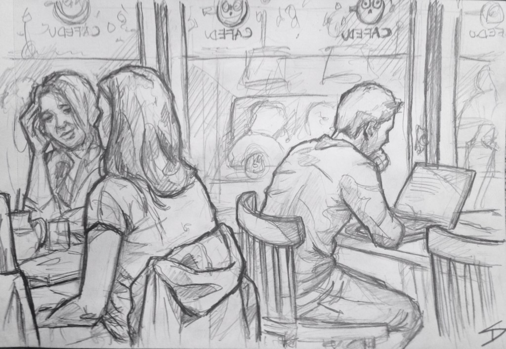 Quick Sketch. 'Cafedu, Prague.' Great and very busy student cafe. Friendly staff, and of course study friendly. @davidasutton @sketchbookexplorer Facebook.com/davidanthonysutton #drawing #sketch #prague #travel #travelblog #cafedu
