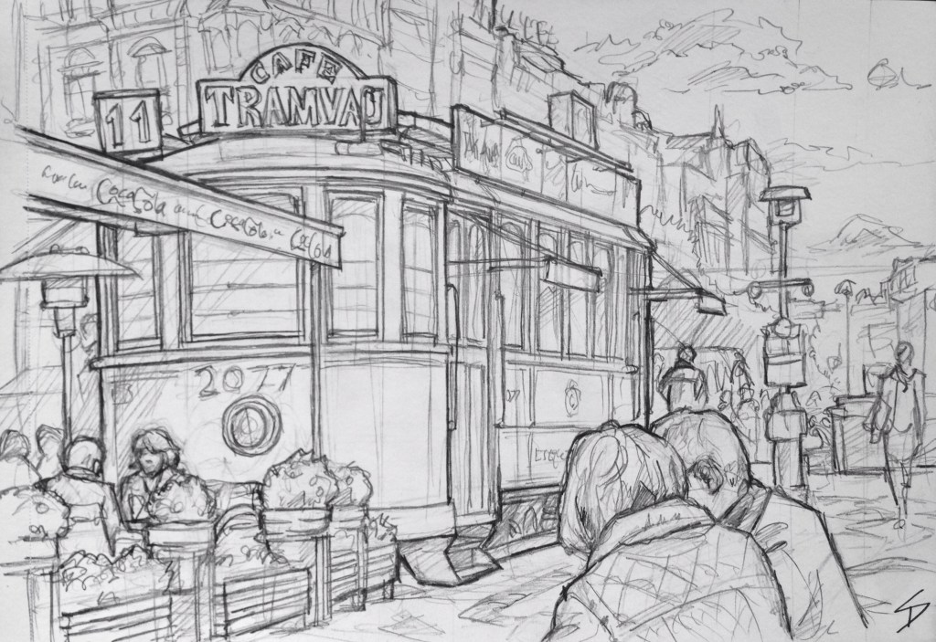 Sketch - View of Wenceslas Square: Old tram car used as a cafe