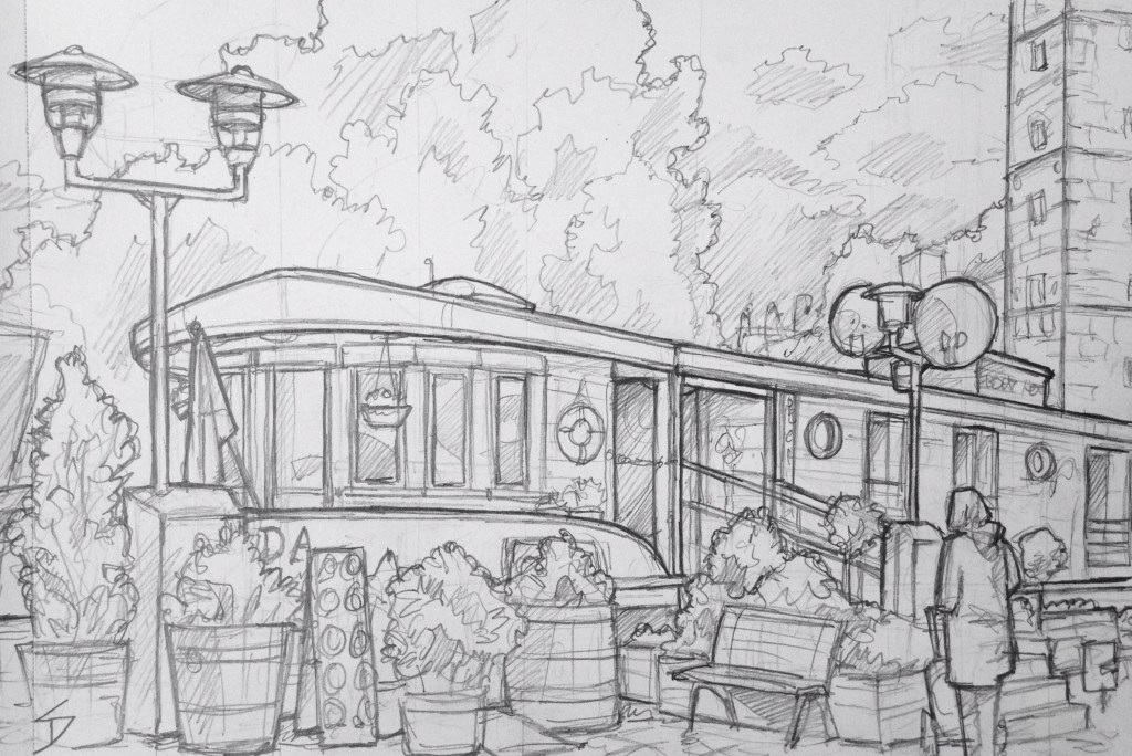 Sketch - View of Vltava: View of one of the boats moored along Naplavka