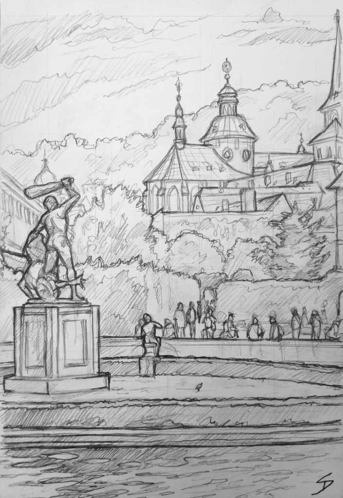 Sketch - View of Waldstein Gardens: View past Hercules statue. The garden’s pond is full of large Koi carp