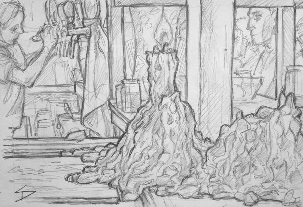 Quick Sketch. 'Vzorkovna, Národní, Prague.' Vzorkovna is great alternative grungy club. A dark maze of vaulted rooms and passageways, inhabited by a resident Irish wolfhound, with a Mohican. @davidasutton @sketchbookexplorer Facebook.com/davidanthonysutton #drawing #sketch #prague #travel #travelblog #vzorkovna