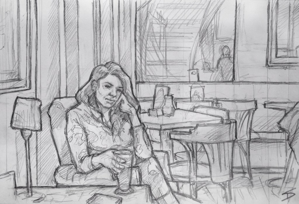 Quick Sketch. 'The Globe Bookstore Cafe, Prague.' Hot chocolate with a friend. The cafe is at the back of an english bookstore. Opened in 1993, it often hosts social and charitable events. @davidasutton @sketchbookexplorer Facebook.com/davidanthonysutton #drawing #sketch #prague #travel #travelblog #theglobecz