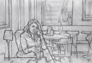 Quick Sketch. 'The Globe Bookstore Cafe, Prague.' Hot chocolate with a friend. The cafe is at the back of an english bookstore. Opened in 1993, it often hosts social and charitable events. @davidasutton @sketchbookexplorer Facebook.com/davidanthonysutton #drawing #sketch #prague #travel #travelblog #theglobecz