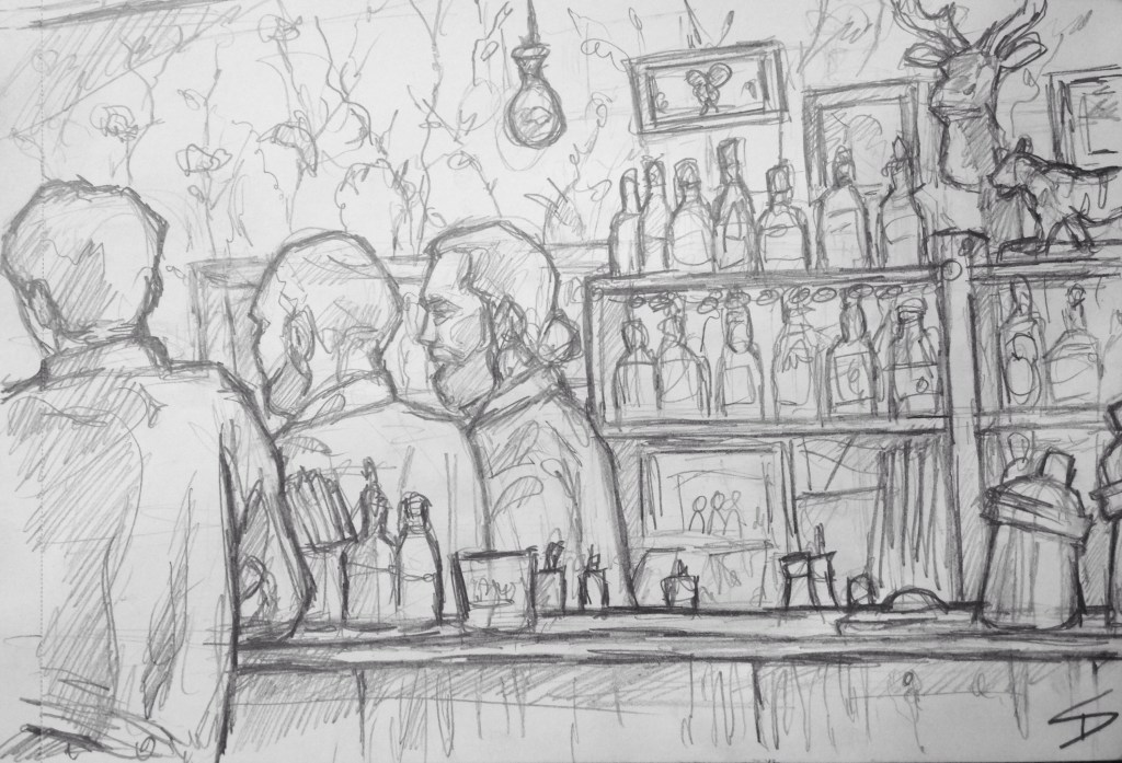 Quick Sketch. 'Malkovich Bar, Prague.' This hipster bar has the feel of a 1950s lounge. This sketch was accompanied by some great live music. @davidasutton @sketchbookexplorer Facebook.com/davidanthonysutton #drawing #sketch #prague #travel #travelblog #malkovichbar