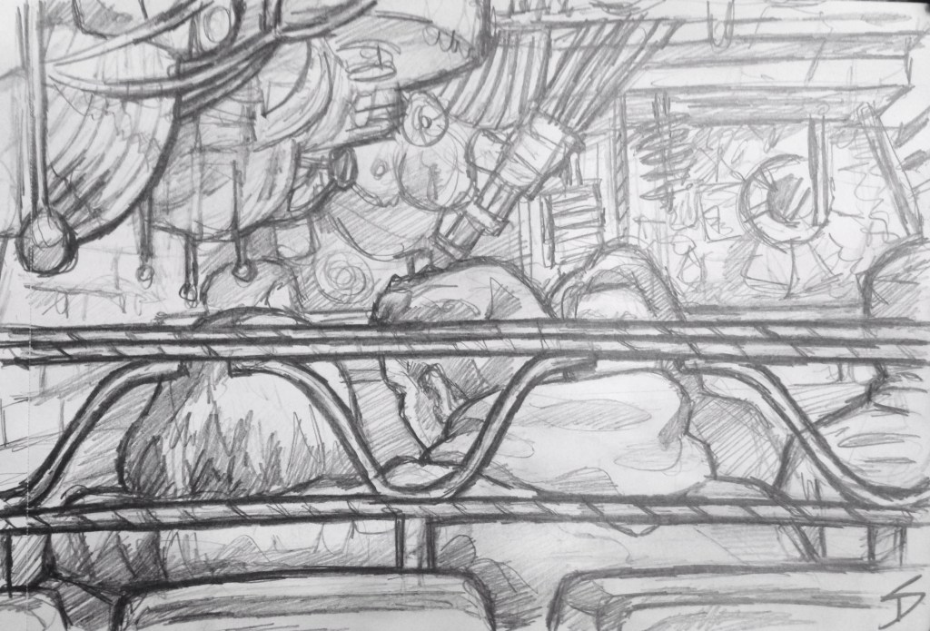 Quick Sketch. 'Cross Club, Prague.' This club is a warren of mechanical moving metal artwork. It has a great metal beer garden for the summer. @davidasutton @sketchbookexplorer Facebook.com/davidanthonysutton #drawing #sketch #prague #travel #travelblog #crossclub