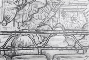 Quick Sketch. 'Cross Club, Prague.' This club is a warren of mechanical moving metal artwork. It has a great metal beer garden for the summer. @davidasutton @sketchbookexplorer Facebook.com/davidanthonysutton #drawing #sketch #prague #travel #travelblog #crossclub