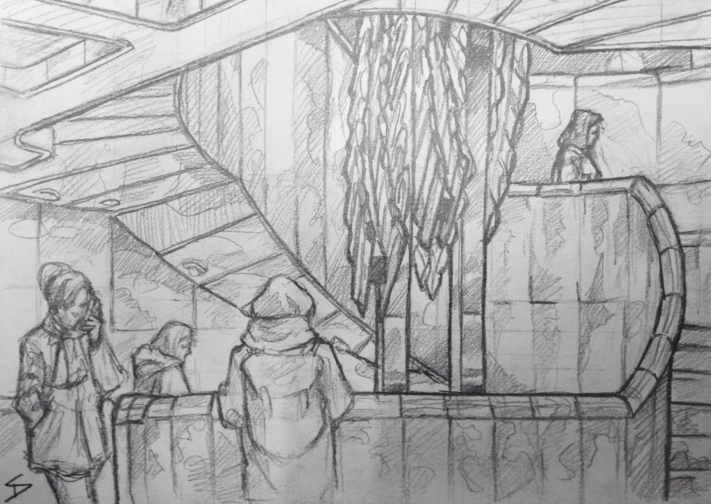 Quick Sketch. 'Cafe Nona, Prague.' View of a great spiral staircase in Cafe Nona. The cafe is in Prague theatre's 'New Stage' - a 1980s ice cube shaped building, incorporating four thousand blocks of glass. @davidasutton @sketchbookexplorer Facebook.com/davidanthonysutton #drawing #sketch #prague #travel #travelblog #cafenona