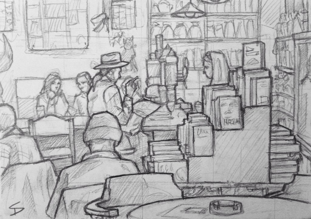 Quick Sketch. 'Cafe Rybka, Prague.' Cool bookstore, cafe and bar. It has the quirky, smoke-filled bohemian feel of somewhere Hemingway might have hung out. @davidasutton @sketchbookexplorer Facebook.com/davidanthonysutton #drawing #sketch #prague #travel #travelblog #caferybka