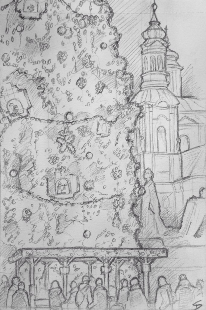 Sketch - View of Old Town Square; Stunningly beautiful market, especially at night
